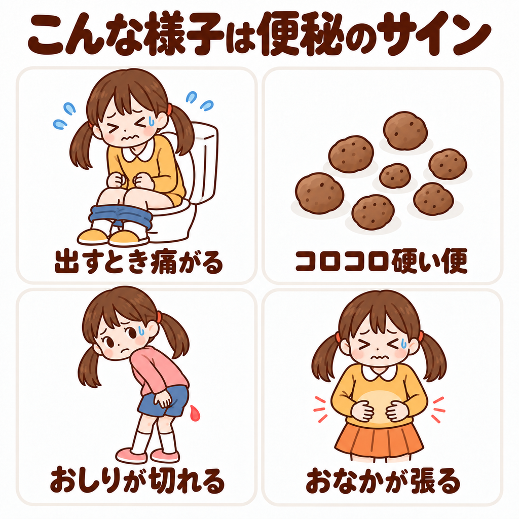 子どもの便秘のサイン4つの図解。出すとき痛がる、コロコロ硬い便、おしりが切れる、おなかが張る
