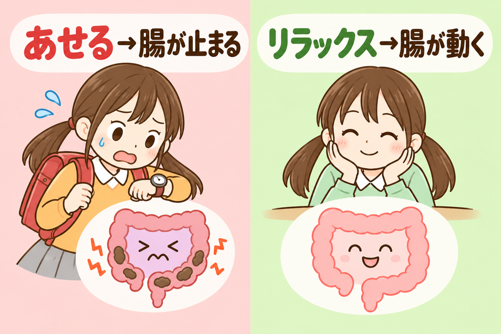 あせると腸が止まり、リラックスすると腸が動くことを示す図解