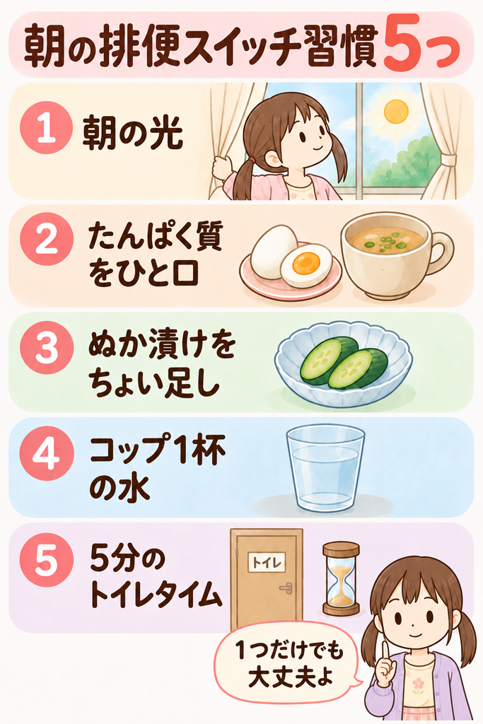 朝の排便スイッチ習慣5つの図解。朝の光、たんぱく質をひと口、ぬか漬けをちょい足し、コップ1杯の水、5分のトイレタイム