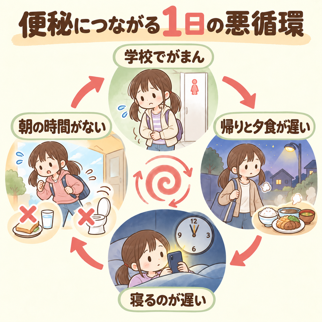 便秘につながる1日の悪循環の図解。学校でがまん、帰りと夕食が遅い、寝るのが遅い、朝の時間がない、をくり返す