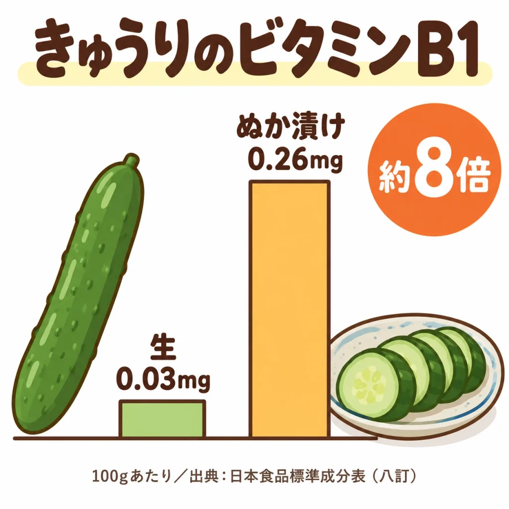 きゅうりのビタミンB1を比べた図解。100gあたり生は0.03mg、ぬか漬けは0.26mgで約8倍